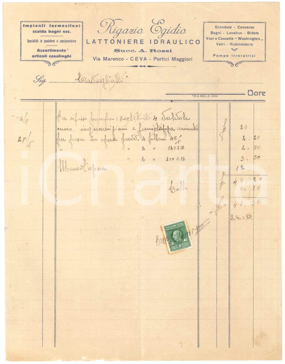1945 CEVA (CN) - Egidio RIGAZIO Lattoniere Idraulico - Fattura commerciale