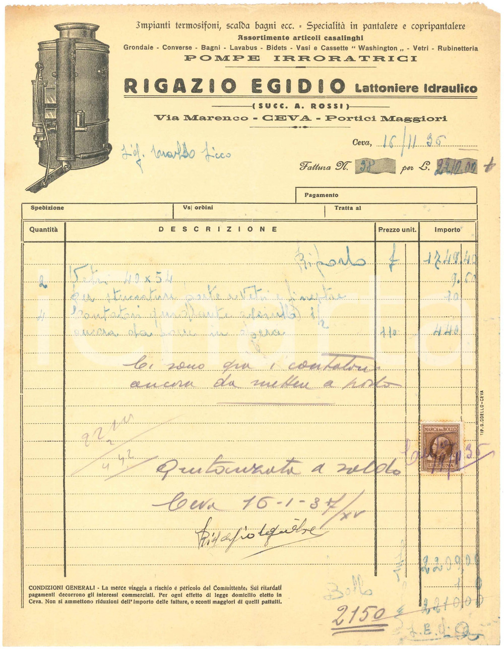 1936 CEVA (CN) - Egidio RIGAZIO Lattoniere Idraulico - Fattura commerciale