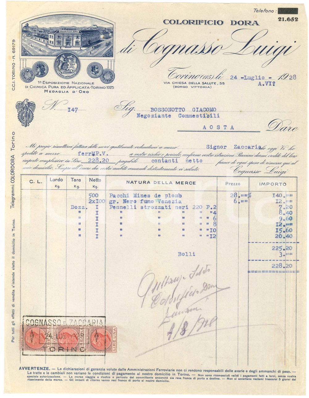 1928 TORINO Via Chiesa della Salute Colorificio Dora di Luigi COGNASSO - Fattura