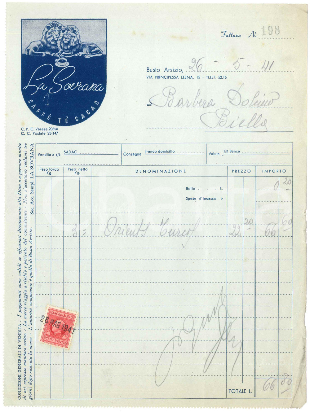 1941 BUSTO ARSIZIO (VA) - LA SOVRANA Caffè Tè Cacao - Fattura commerciale