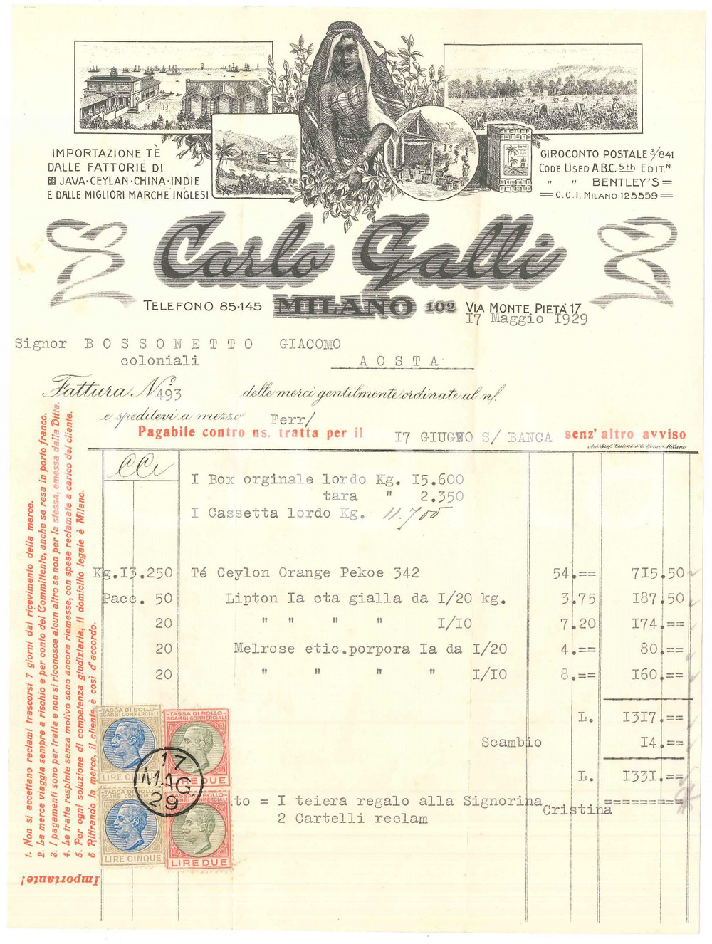 1929 MILANO Via Monte Pietà 17 - Carlo GALLI Importazione tè - Fattura