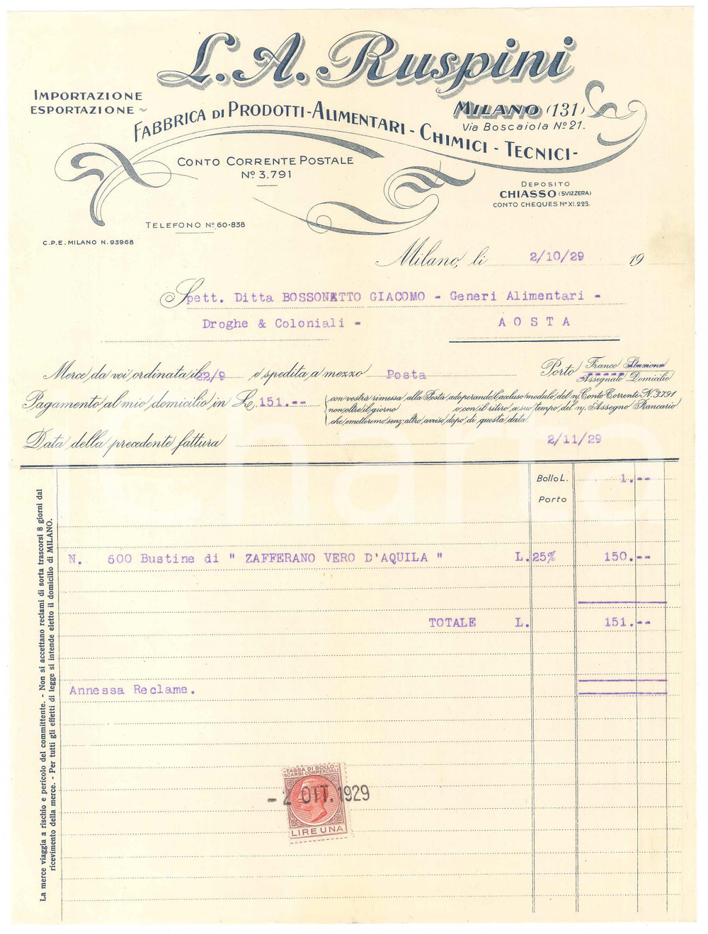 1929 MILANO Via Boscaiola 21 - L.A. RUSPINI Prodotti alimentari - Fattura