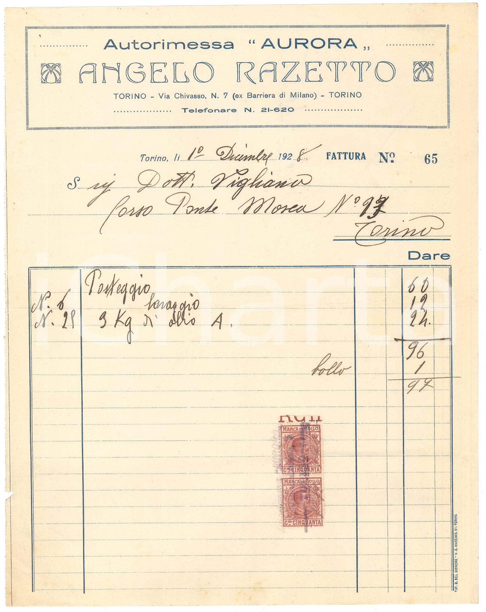 1928 TORINO Via Chivasso 7 - Autorimessa AURORA Angelo RAZETTO - Fattura