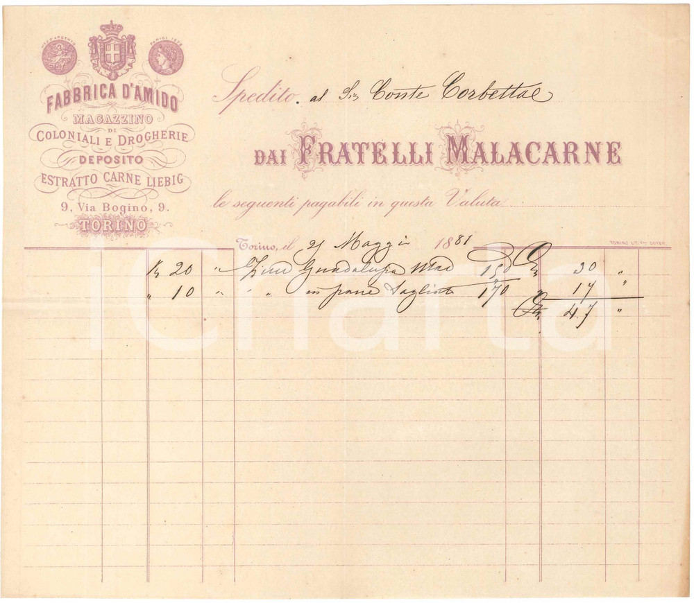 1881 TORINO Via Bogino 9 - Fratelli MALACARNE Fabbrica d'amido - Fattura