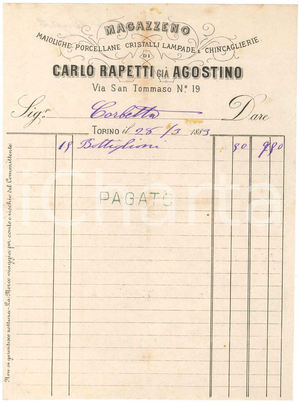 1889 TORINO Via San Tommaso 19 - Carlo RAPETTI già Agostino Maioliche - Fattura
