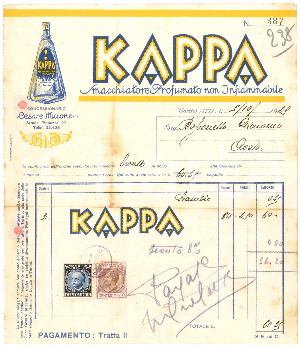 1929 TORINO Strada Pianezza 27 - Cesare MICCONE Concessionario KAPPA - Fattura