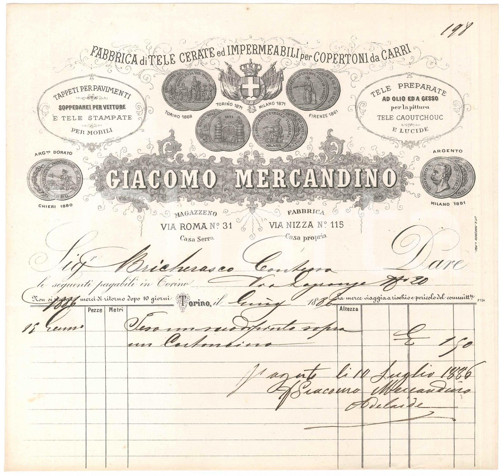 1886 TORINO Via Roma 31 Giacomo MERCANDINO Tele cerate e impermeabili - Fattura