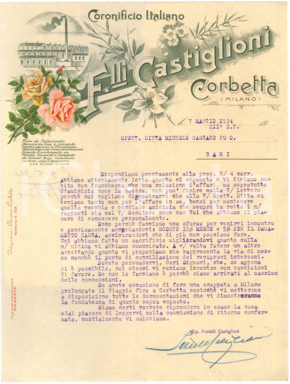 1934 CORBETTA (MI) F.lli CASTIGLIONI Coronificio Italiano - Lettera commerciale