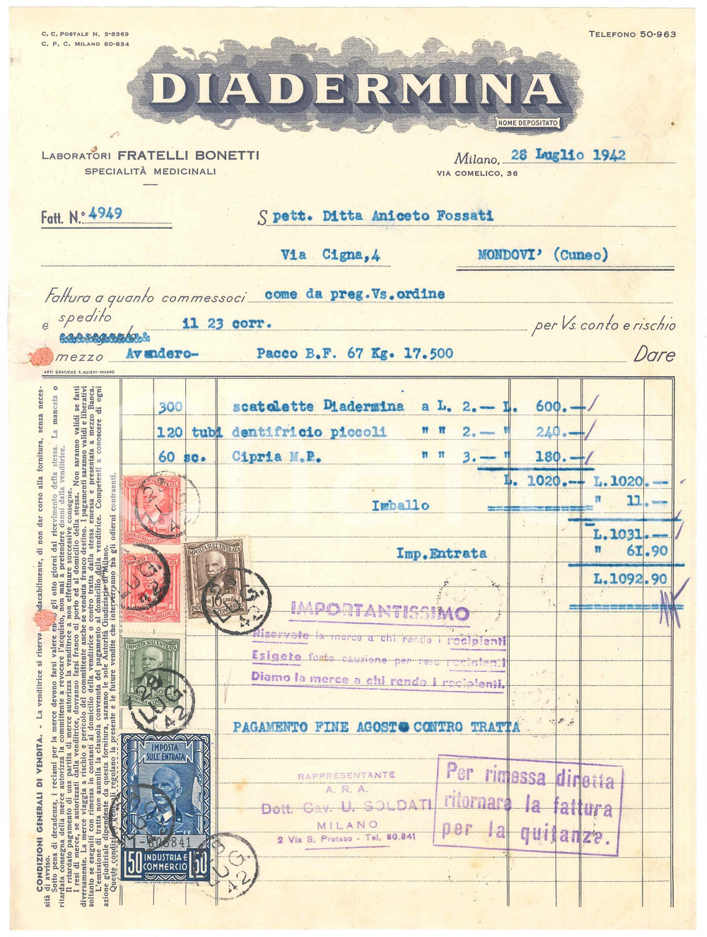 1942 MILANO Via Comelico 36 - Fratelli BONETTI Medicinali DIADERMINA - Fattura