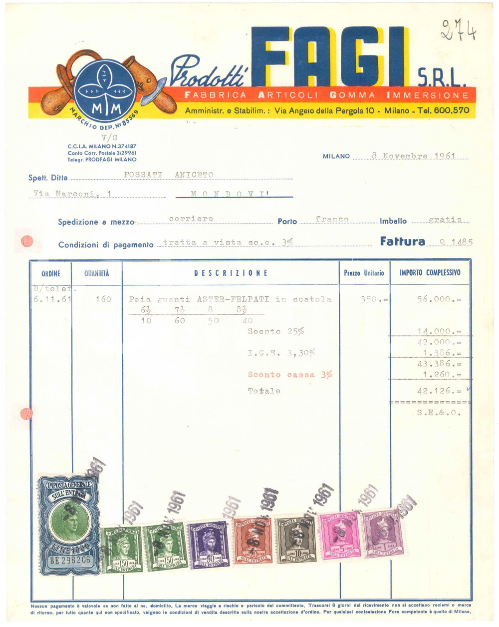 1961 MILANO Via A. della Pergola FAGI Fabbrica Articoli Gomma Immersione Fattura