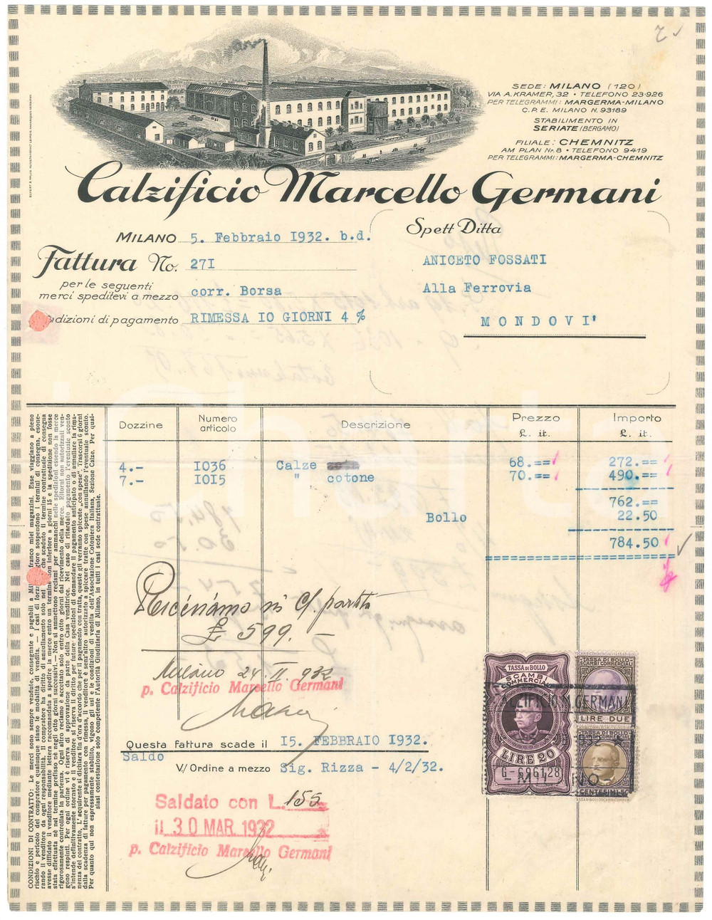 1932 MILANO Via A. Kramer 32 - Calzificio Marcello GERMANI - Fattura commerciale