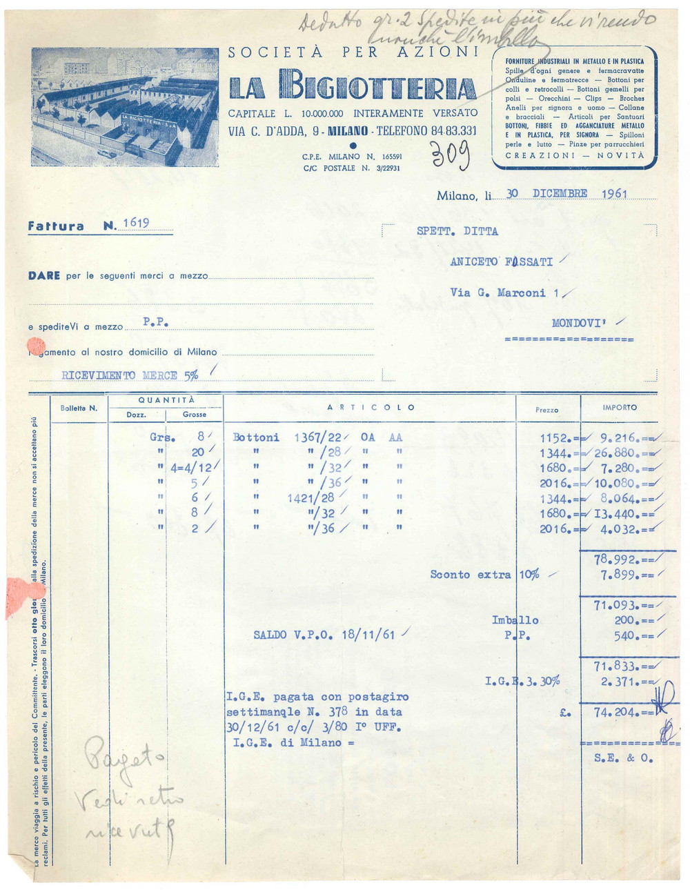 1961 MILANO Via C. d'Adda 9 - S. A. LA BIGIOTTERIA - Fattura per bottoni