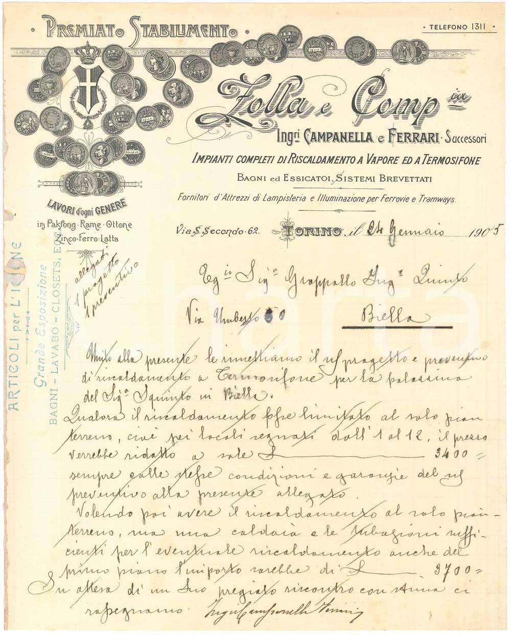 1905 TORINO Via S. Secondo - ZOLLA e Comp.ia Impianti di riscaldamento - Lettera