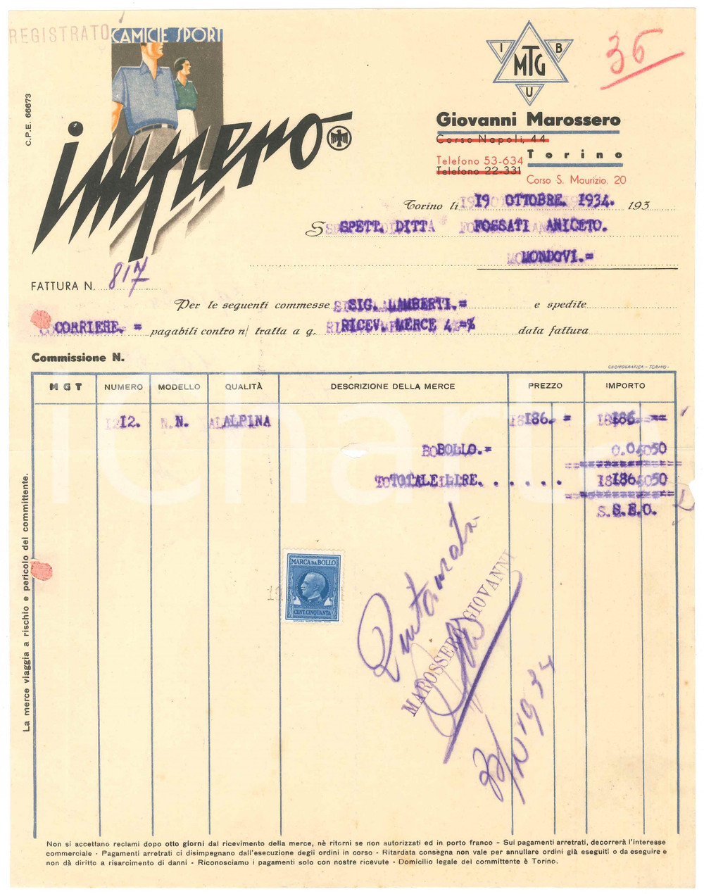 1934 TORINO C.so S. Maurizio - Giovanni MAROSSERO Camicie sport IMPERO - Fattura