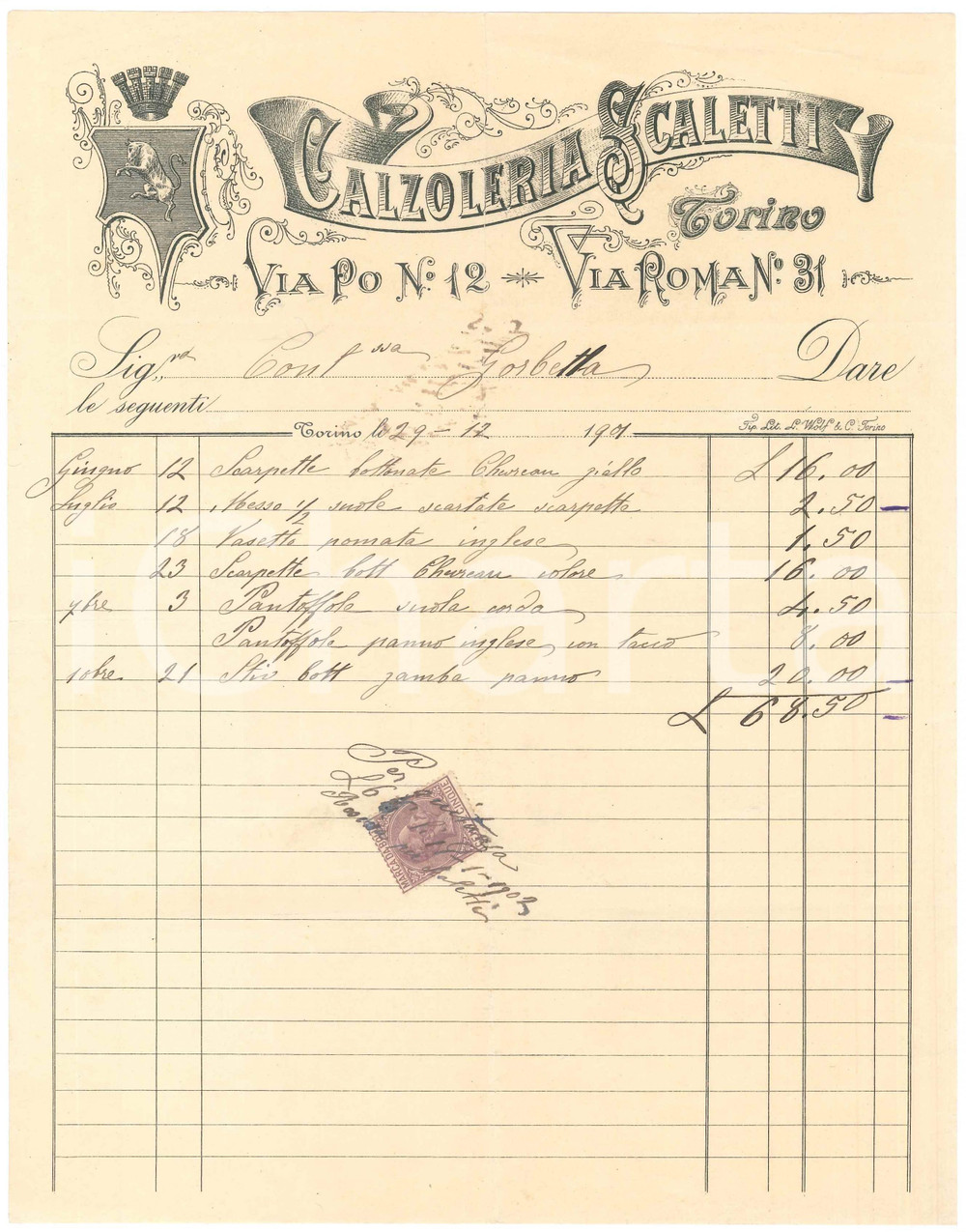 1902 TORINO Via Po 12 / Via Roma 31 - Calzoleria SCALETTI - Fattura commerciale