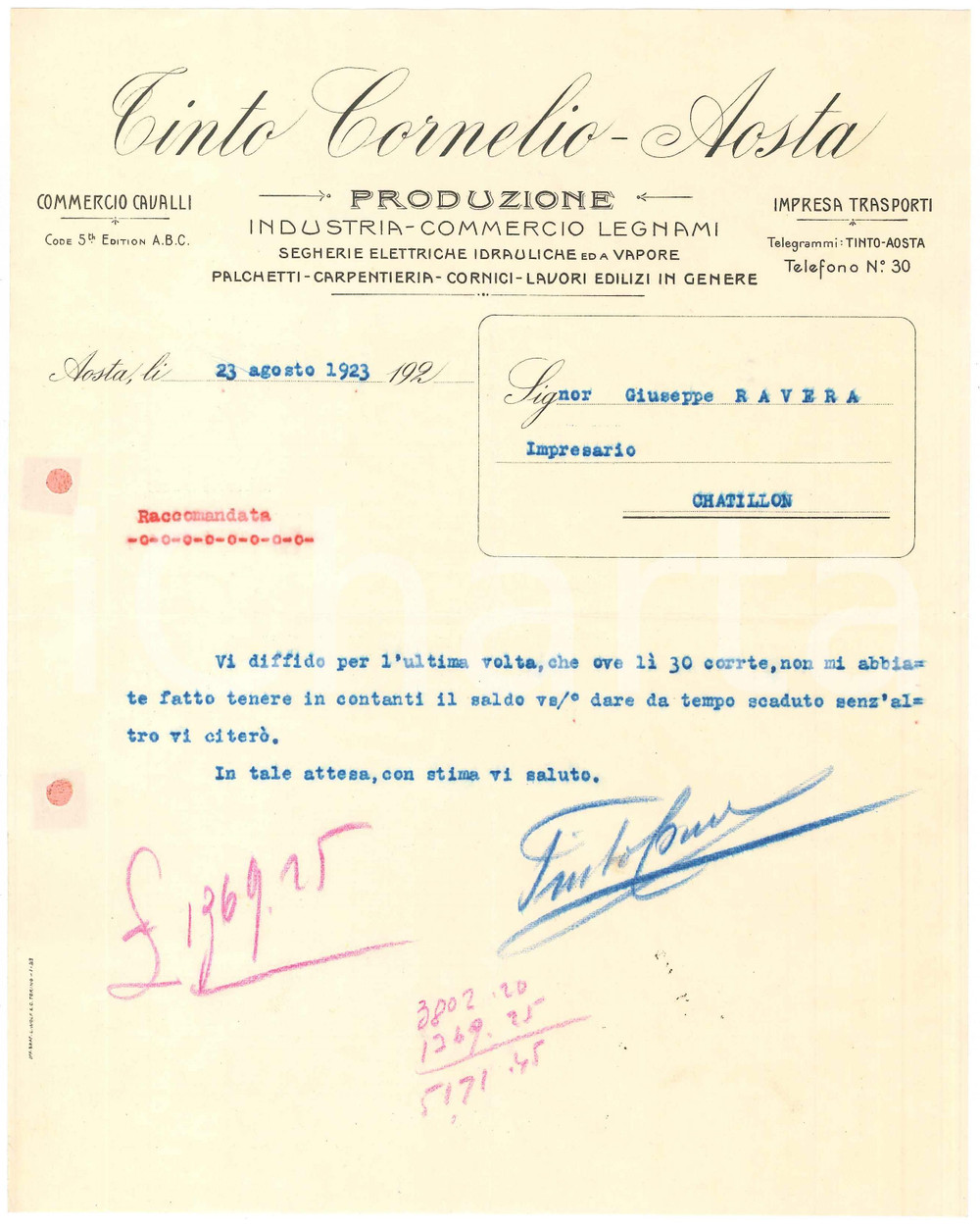 1923 AOSTA - Cornelio TINTO Industria e commercio legnami - Lettera commerciale