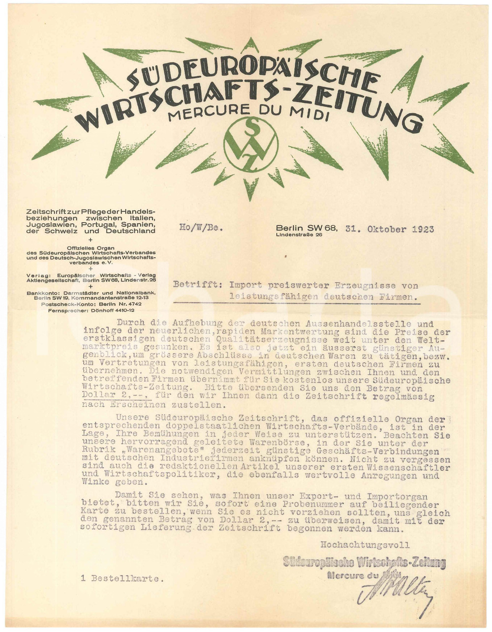 1923 BERLIN Sudeuropaische wirtschafts zeitung - Mercure du Midi - Lettera