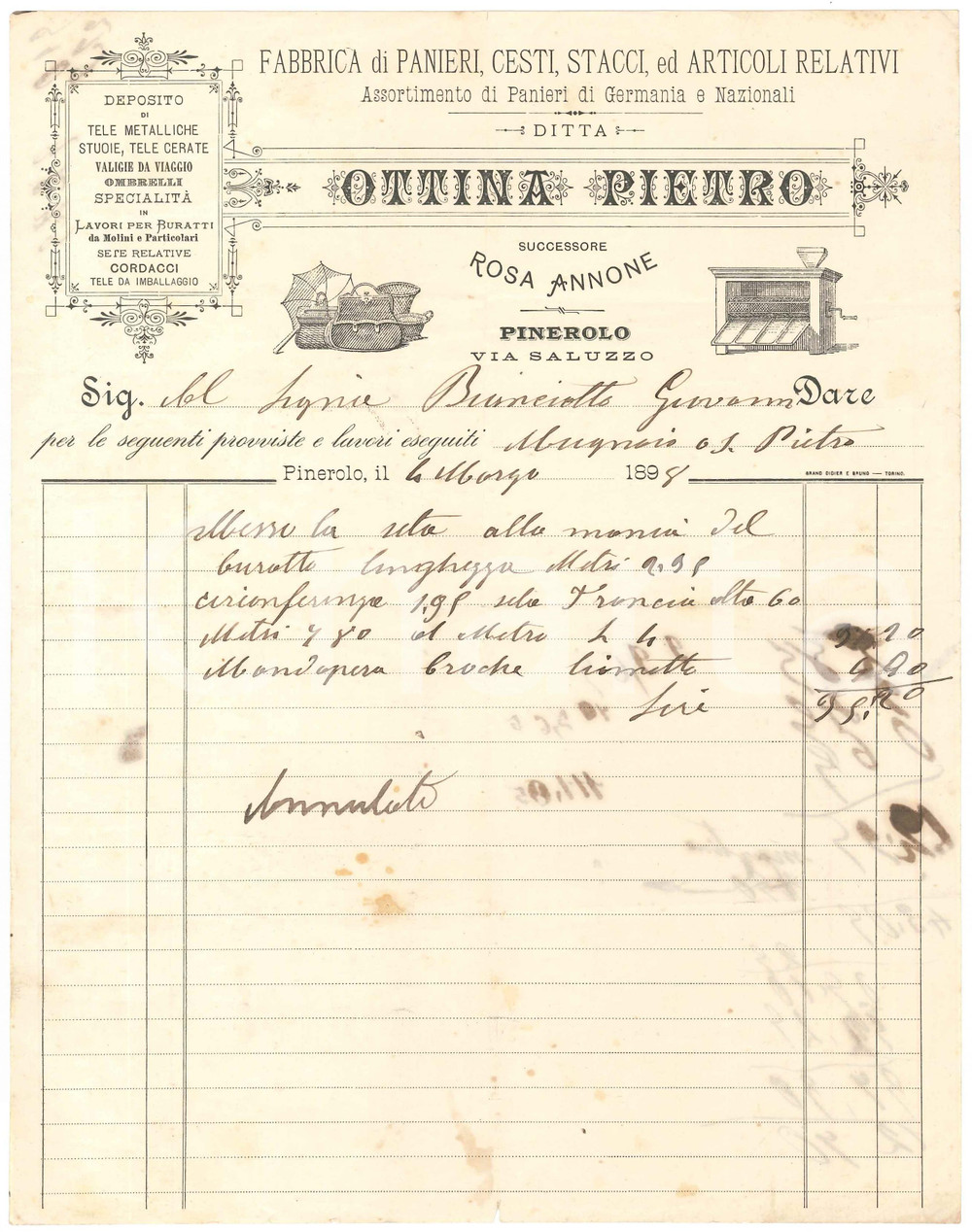 1898 PINEROLO (TO) - Pietro OTTINA Fabbrica di panieri, cesti, stacci - Fattura