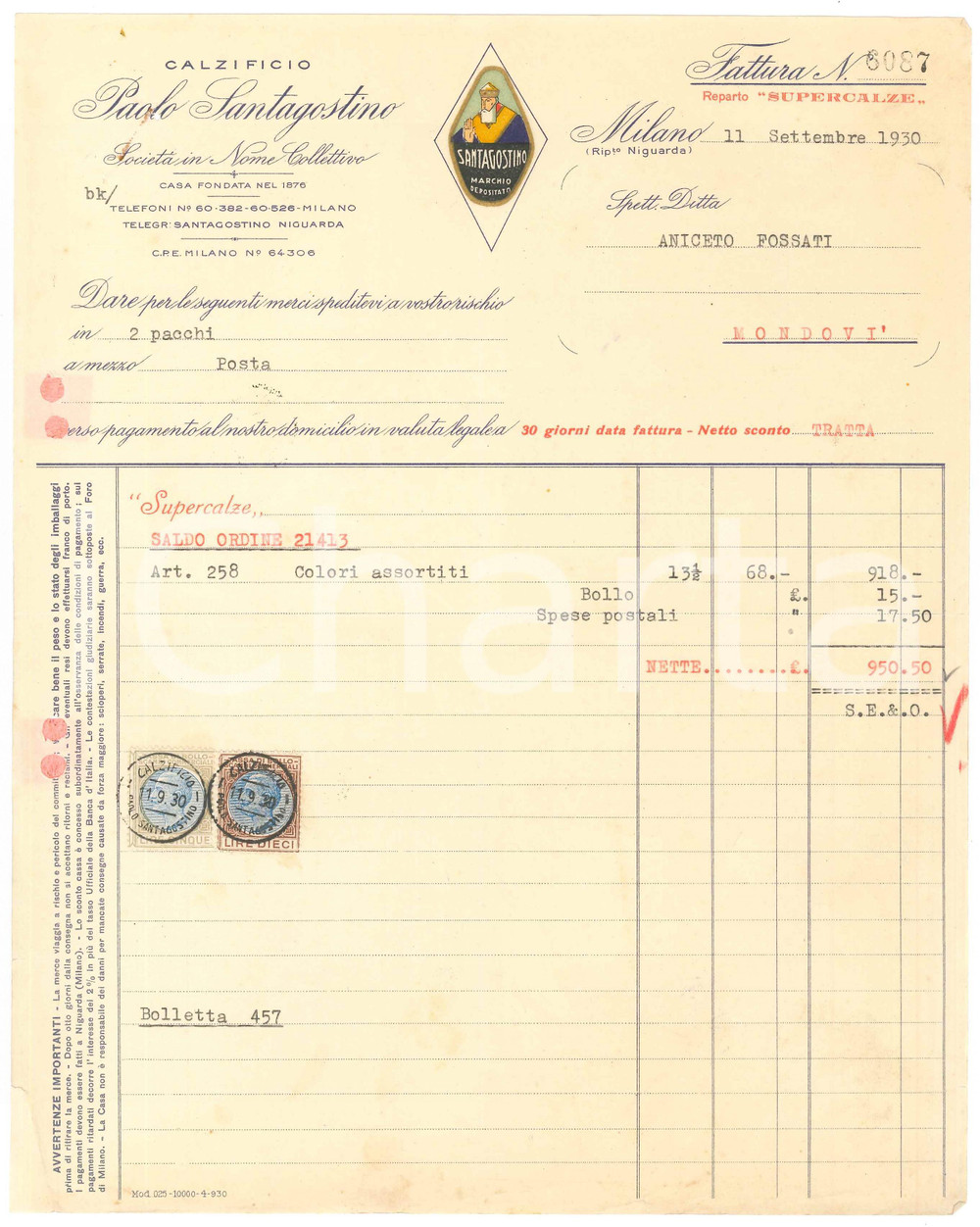 1930 MILANO NIGUARDA - Paolo SANTAGOSTINO Calzificio - Fattura commerciale