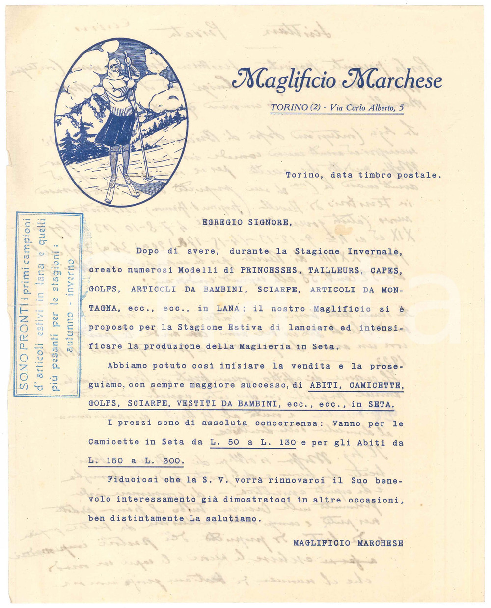 1922 TORINO Via Carlo Alberto - Maglificio MARCHESE - Lettera pubblicitaria
