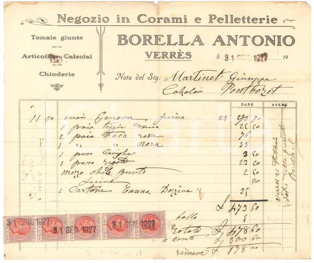 1927 VERRES (AO) Antonio BORELLA Corami e pelletterie - Fattura intestata