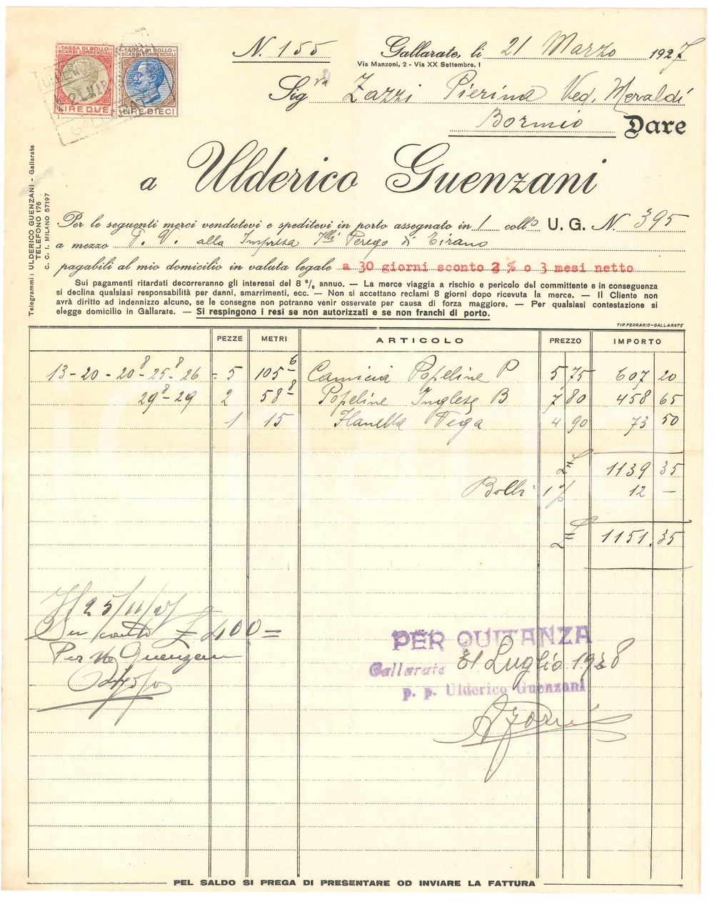 1927 GALLARATE (VA) - Ulderico GUENZANI - Fattura commerciale per tessuti