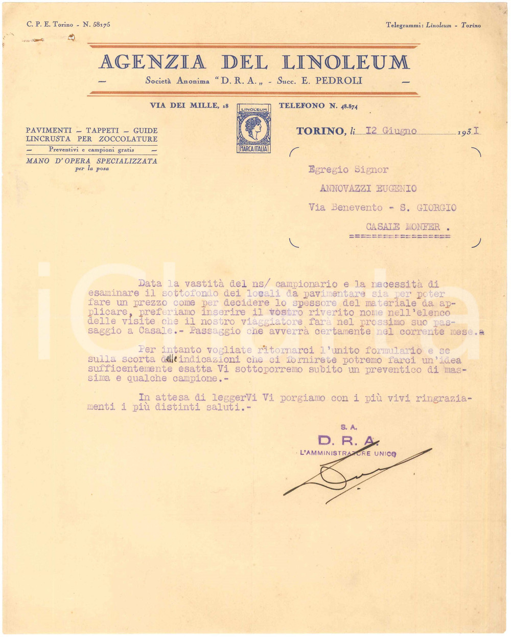 1931 TORINO Via dei Mille 18 Agenzia del Linoleum S.A. DRA - Lettera commerciale