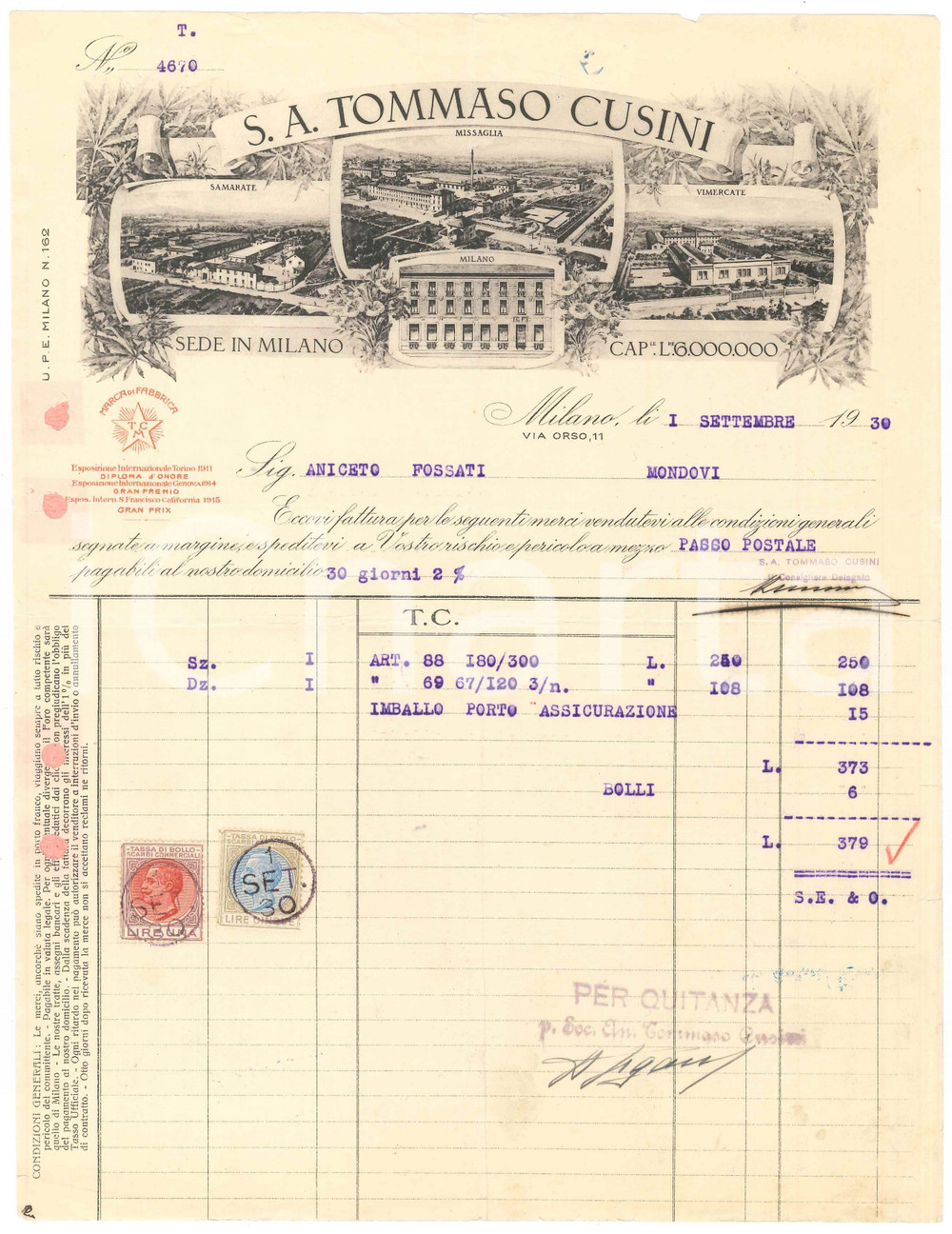 1930 MILANO Via Orso 11 - S.A. Tommaso CUSINI Tessuti in lino e cotone - Fattura