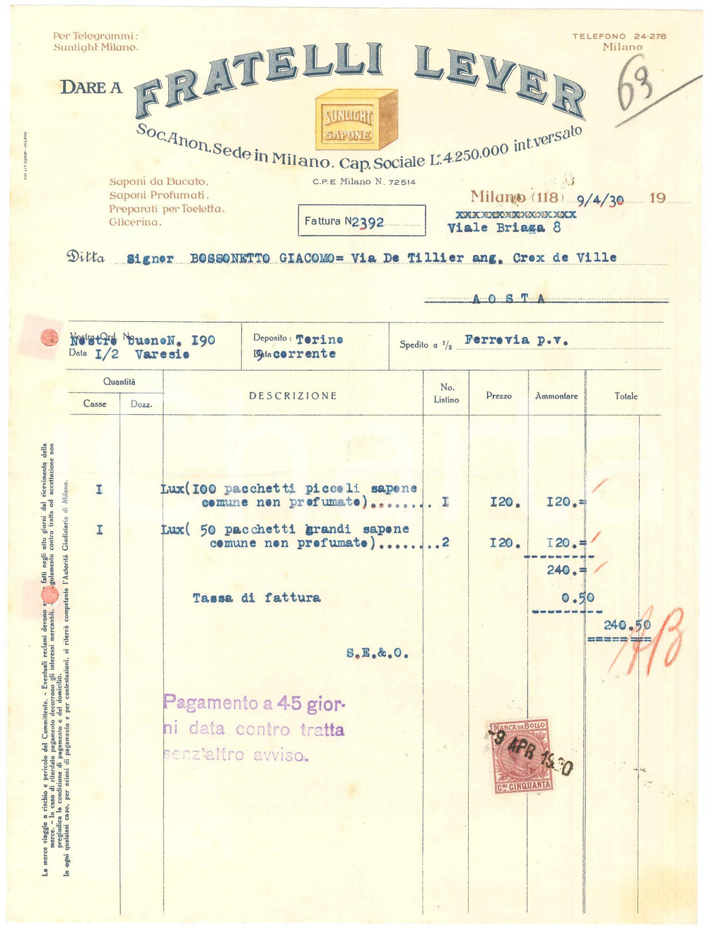 1930 MILANO Viale Brianza 8 - Fratelli LEVER - Fattura per sapone LUX
