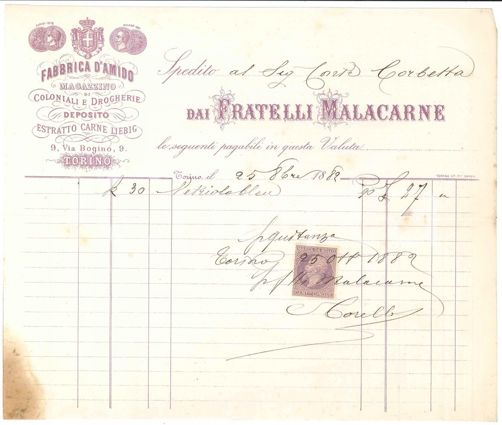 1882 TORINO Via Bogino 9 - Fratelli MALACARNE Fabbrica amido *Fattura spedizione Fattura commerciale d'epoca manoscritta, su carta intestata.Presente marca da bollo.  POOR/danneggiato piegature d'epoca, danno da umiditÃ   originale e autentica 1