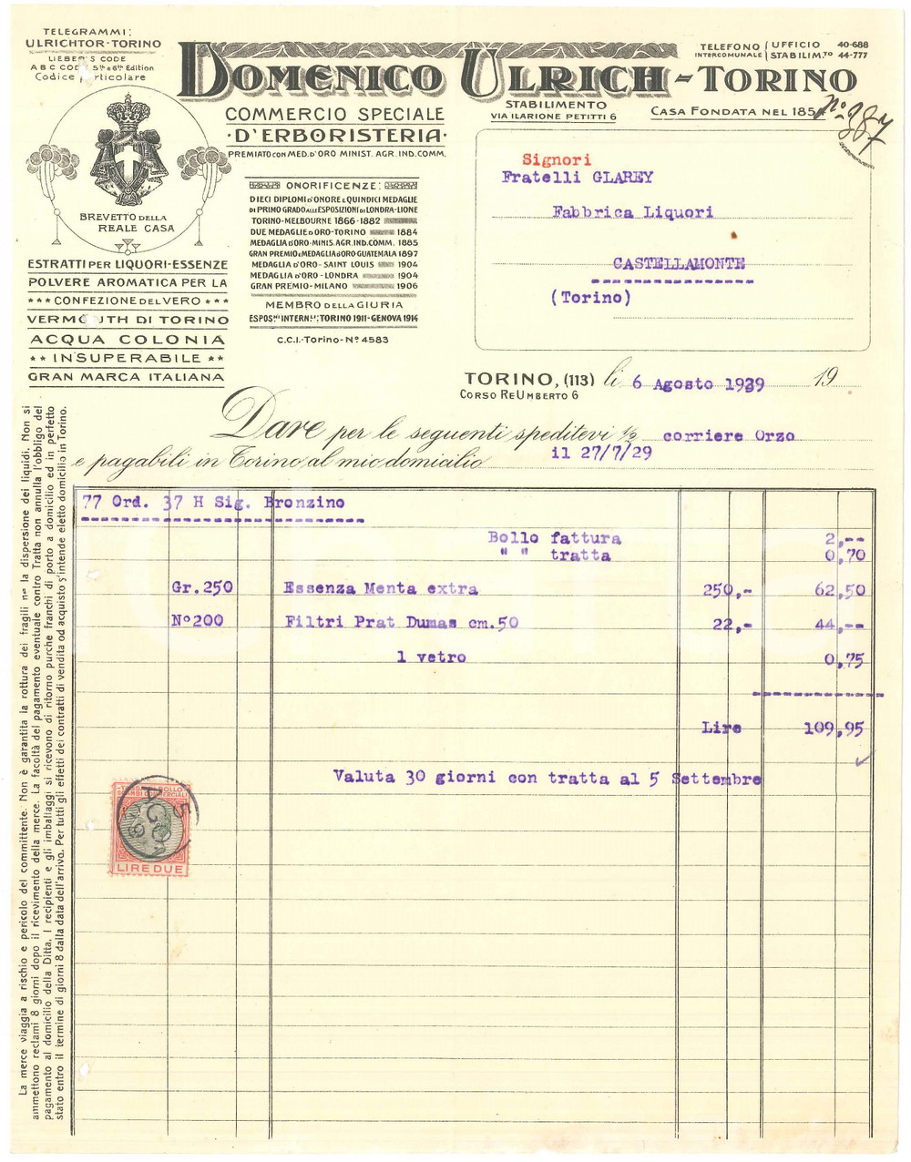 1929 TORINO C.so Re Umberto 6 - Domenico ULRICH Commercio erboristeria - Fattura Fattura commerciale d'epoca dattiloscritta, su carta intestata.Presente marca da bollo.PAGINE: 1  FAIR/discreto piegature d'epoca; fori da classificatore Formato: 22x28 cm originale e autentica 1