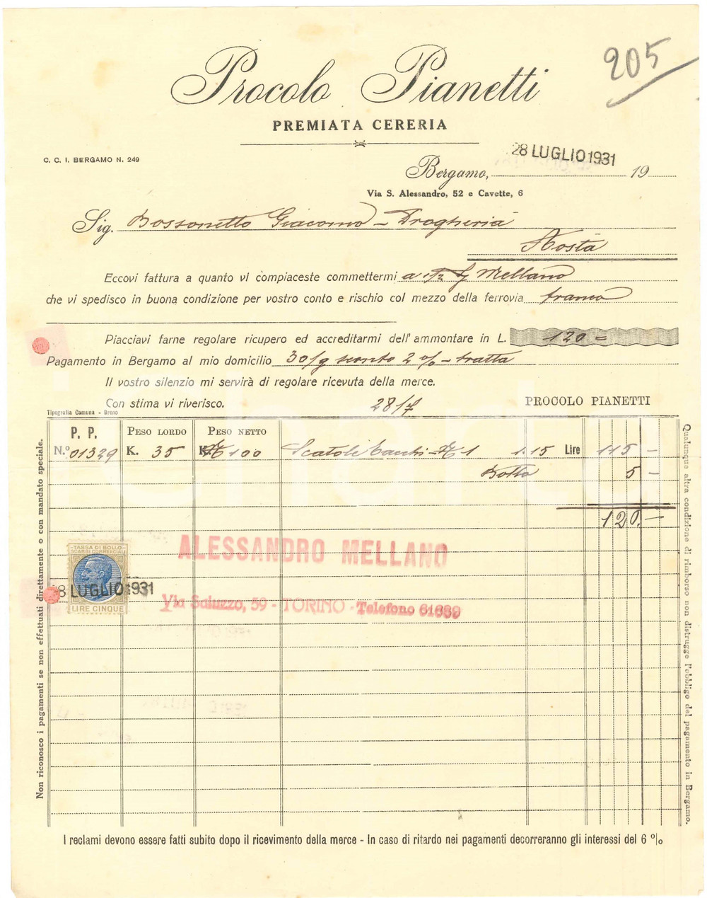 Documento originale, autentico 1931 BERGAMO Via S. Alessandro 52  Procolo PIANETTI cereria  Fattura 1