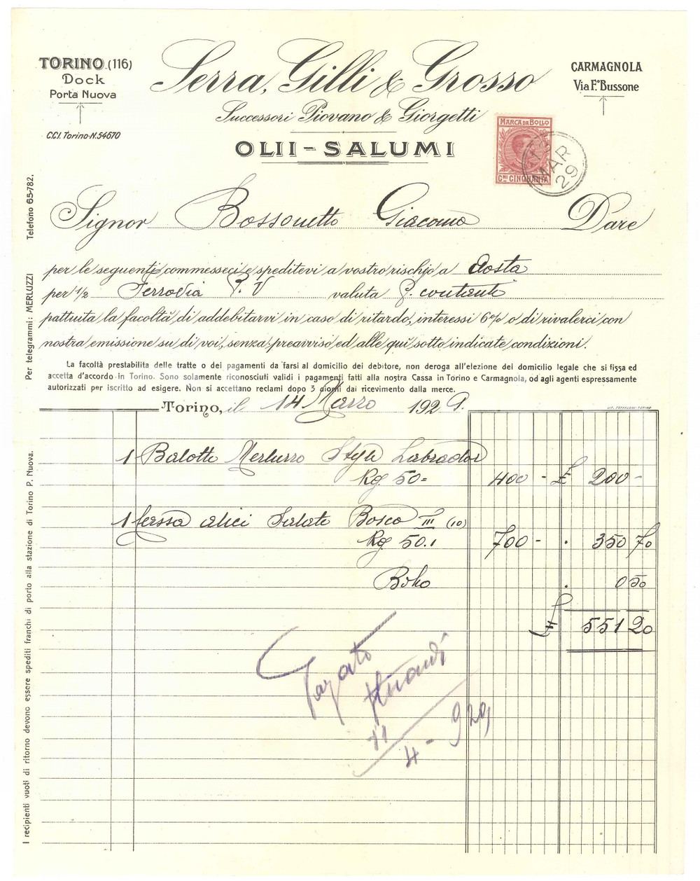 1929 TORINO Docks Porta Nuova - SERRA, GILLI & GROSSO Olii Salumi - Fattura (6)