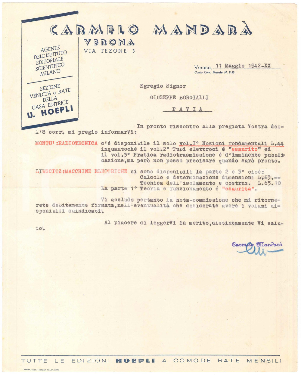 Documento originale, autentico 1942 VERONA Via TEZONE 3  Carmelo MANDARA  agente HOEPLI  Lettera commerciale 1