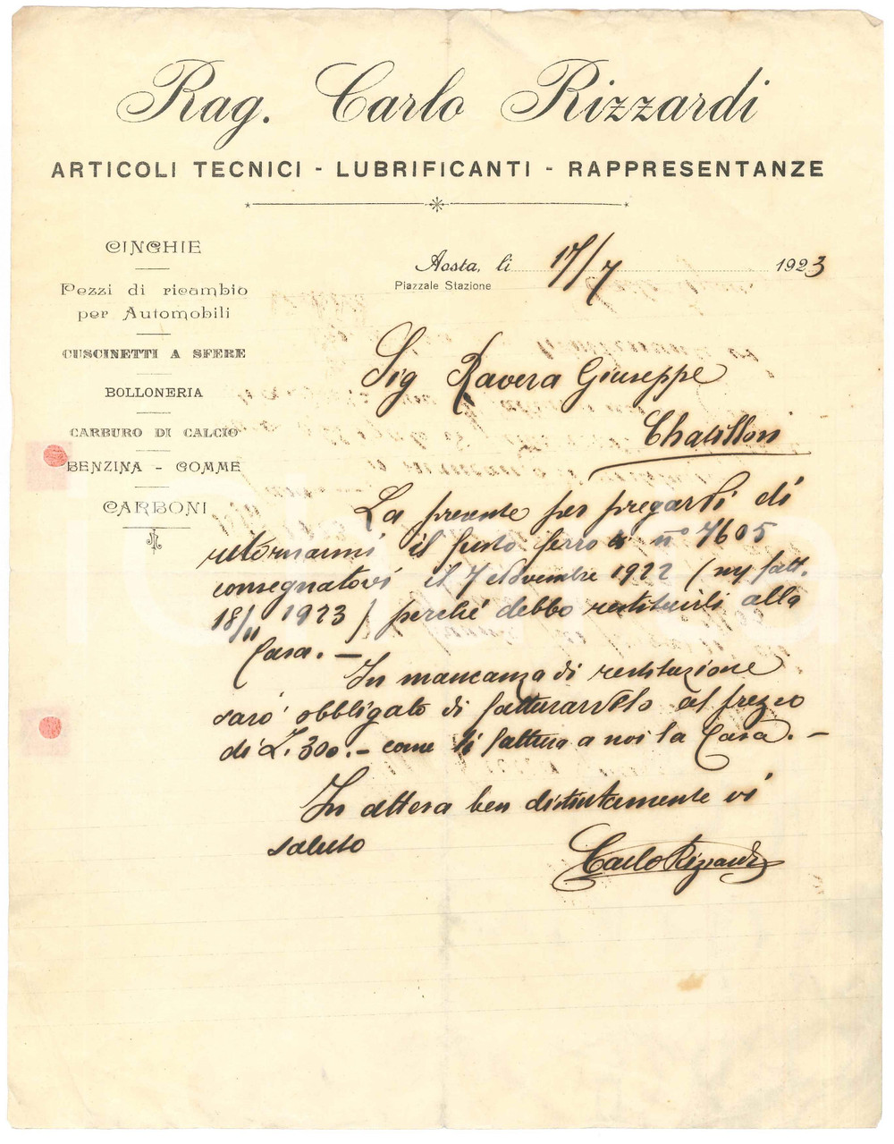 1923 AOSTA Piazzale Stazione - Rag. Carlo RIZZARDI Articoli tecnici - Lettera