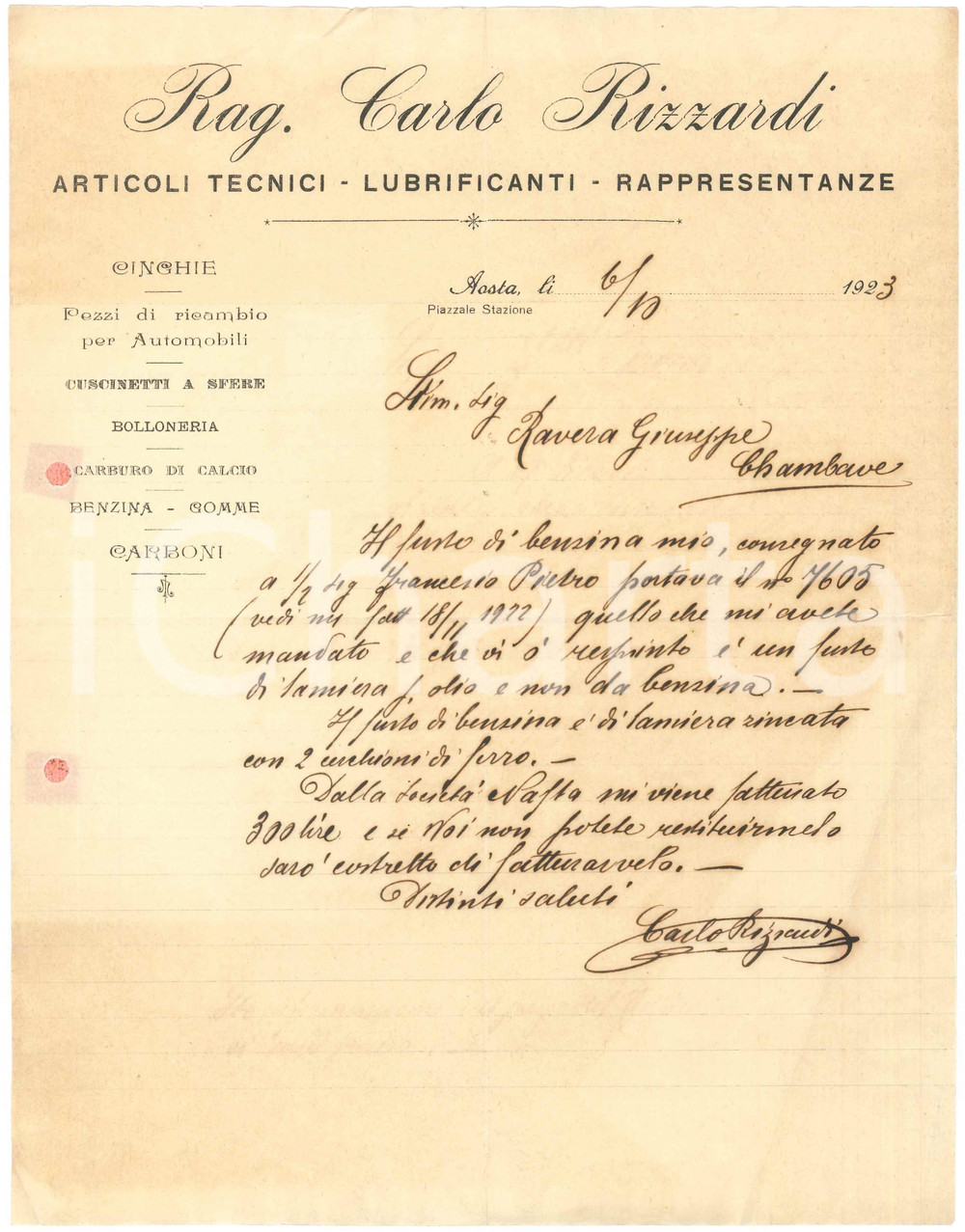 1923 AOSTA Piazzale Stazione - Rag. Carlo RIZZARDI Articoli tecnici *Lettera Lettera commerciale d'epoca, manoscritta, su carta intestata.PAGINE: 1 FAIR/discreto piegature d'epoca e fori da classificatore al lato sinistro  originale e autentica 1