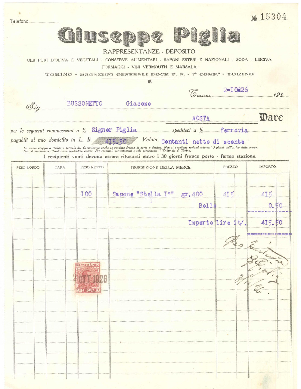 1926 TORINO Dock P.N. Giuseppe PIGLIA Rappresentanze - Fattura sapone STELLA Fattura commerciale d'epoca dattiloscritta, su carta intestata.Presente marca da bollo.PAGINE: 1 FAIR/discreto piegature d'epoca Formato: 23x28 cm originale e autentica 1