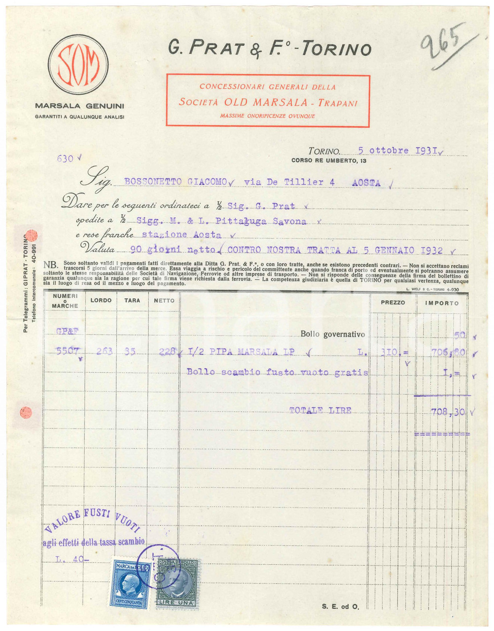 1931 TORINO Corso Re Umberto 13 - G. PRAT & F.o Marsala genuini - Fattura