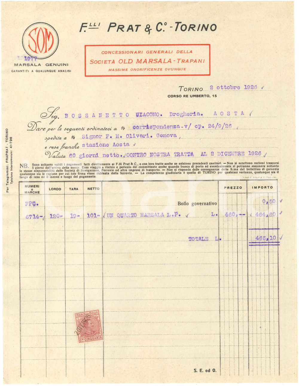 1926 TORINO Corso Re Umberto 15 - F.lli PRAT & C.o Marsala genuini - Fattura (1)