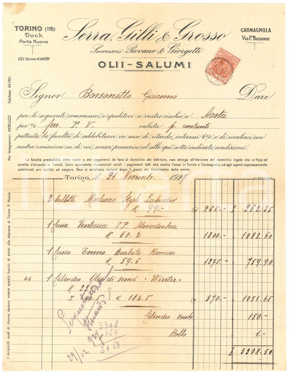 1927 TORINO Docks Porta Nuova - SERRA, GILLI & GROSSO Olii Salumi - Fattura