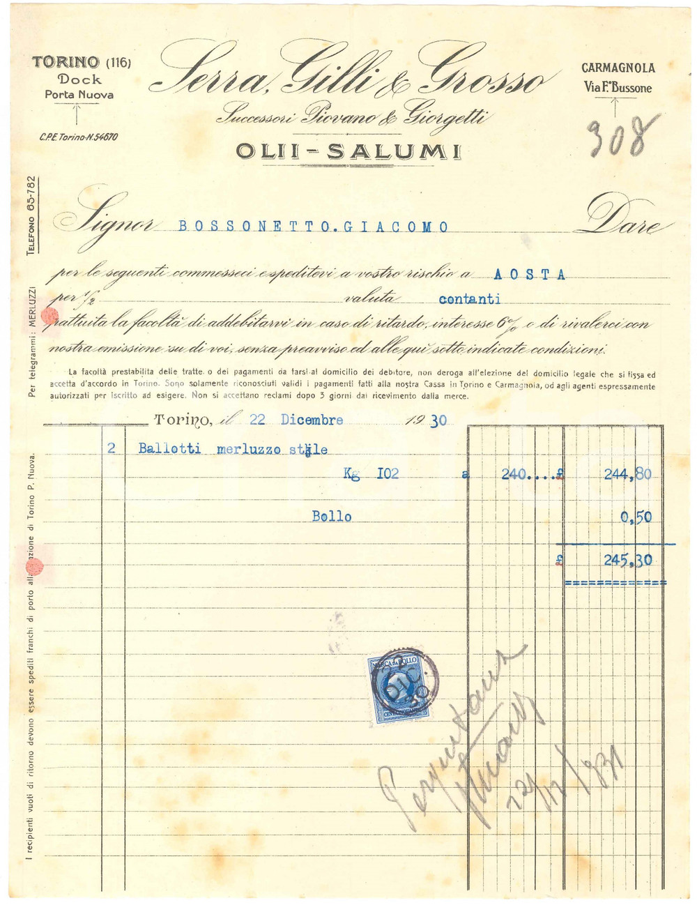 1930 TORINO Docks Porta Nuova - SERRA, GILLI & GROSSO Olii Salumi - Fattura (1)