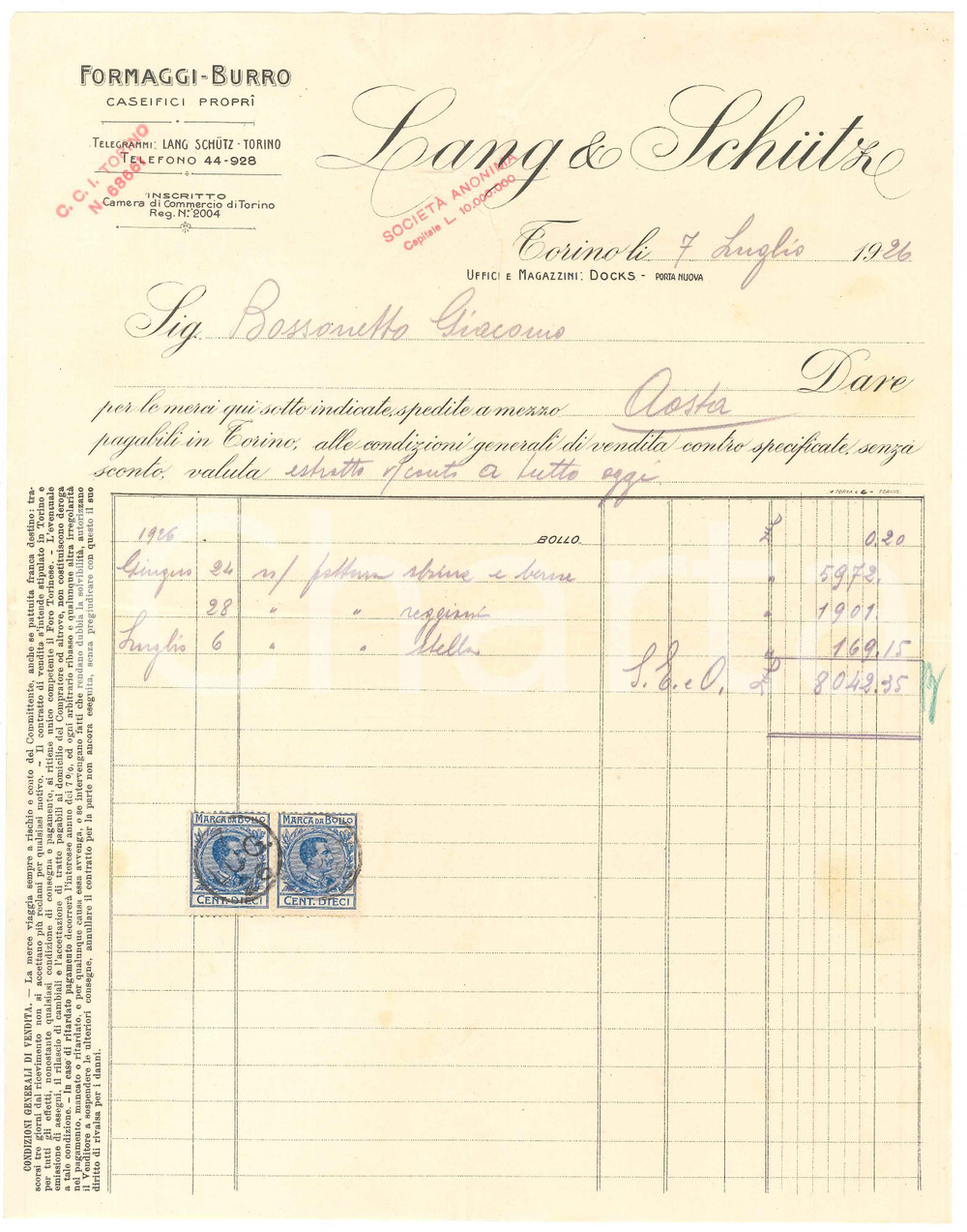 1926 TORINO Docks Porta Nuova - LANG & SCHÜTZ Caseifici propri - Fattura