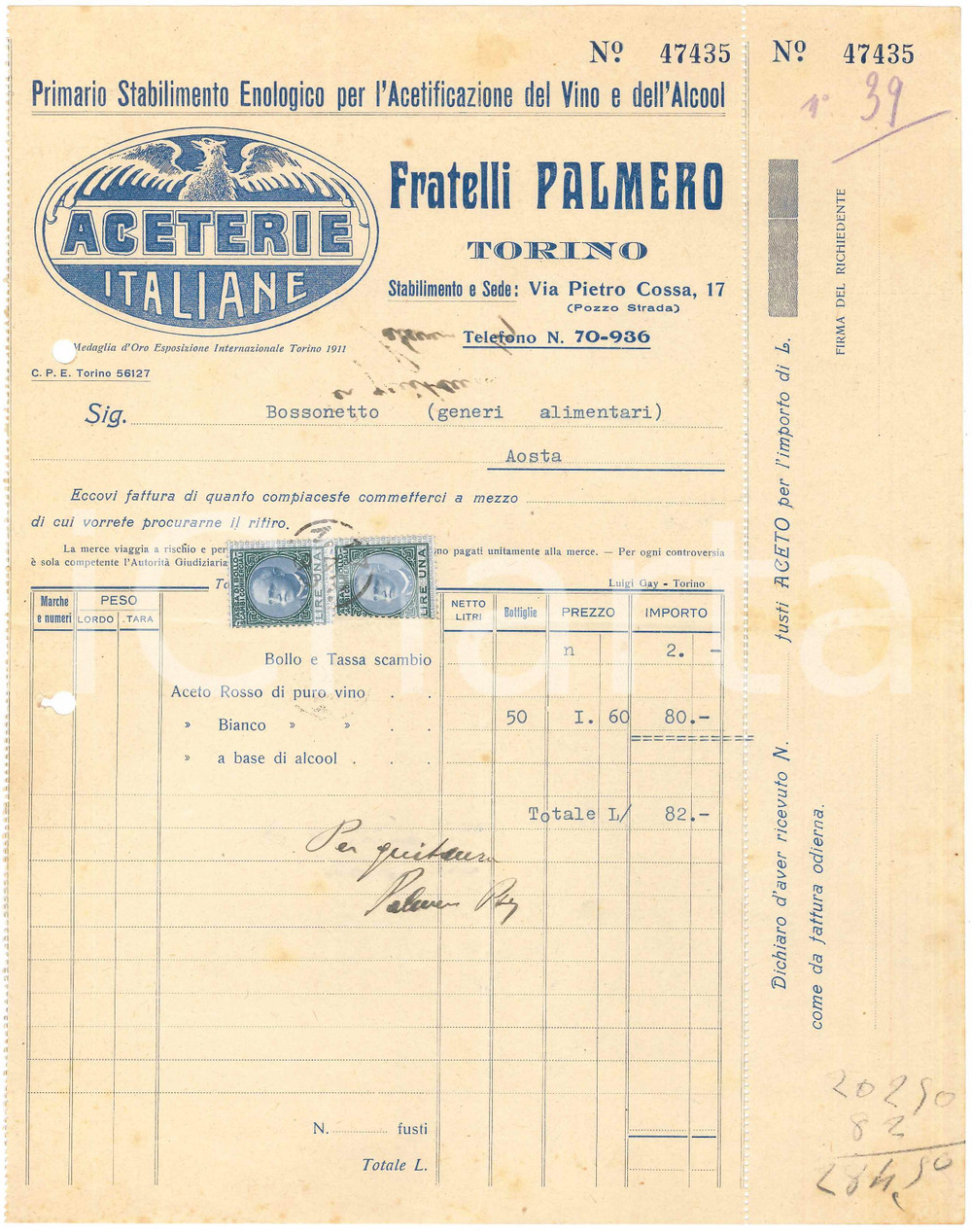 1932 TORINO Via Pietro Cossa 17 - Fratelli PALMERO Aceterie Italiane - Fattura