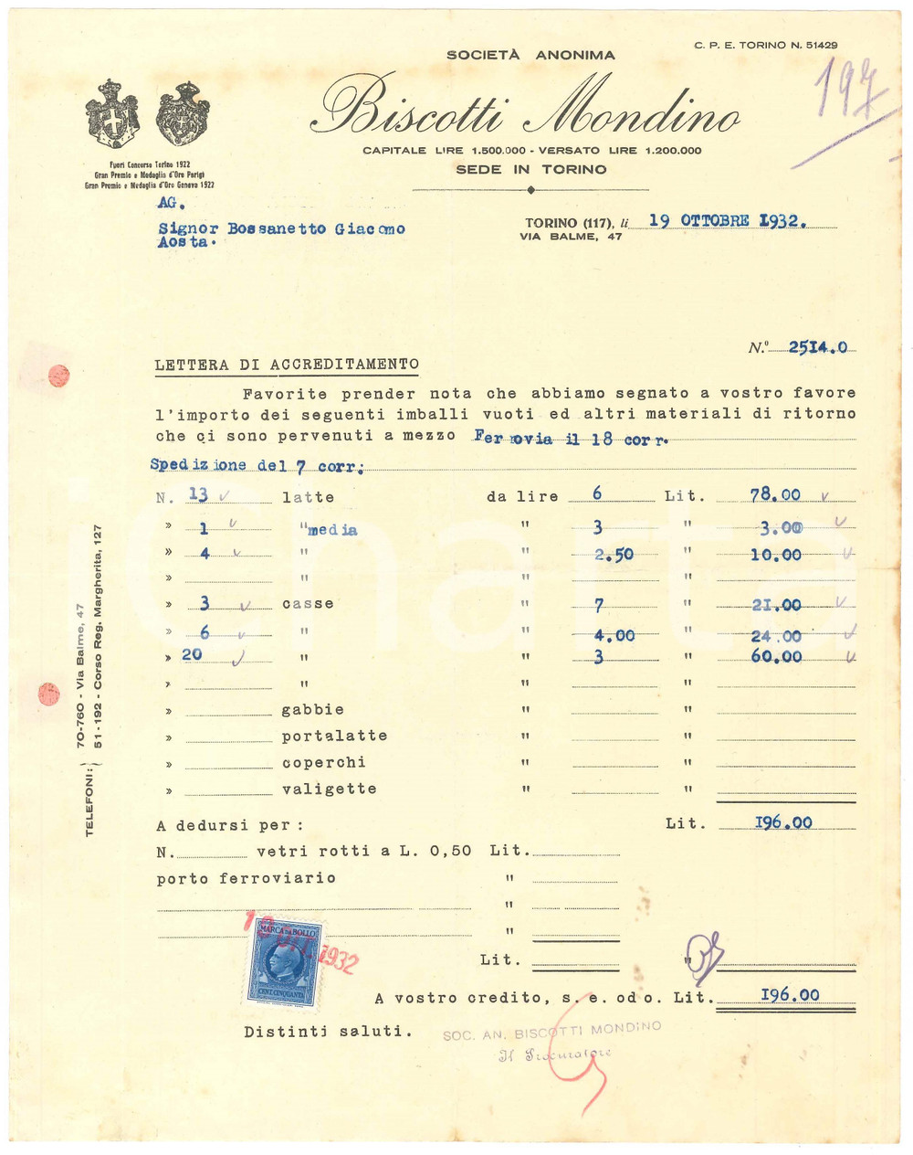 1932 TORINO Via Balme 47 - Biscotti MONDINO - Lettera di accreditamento