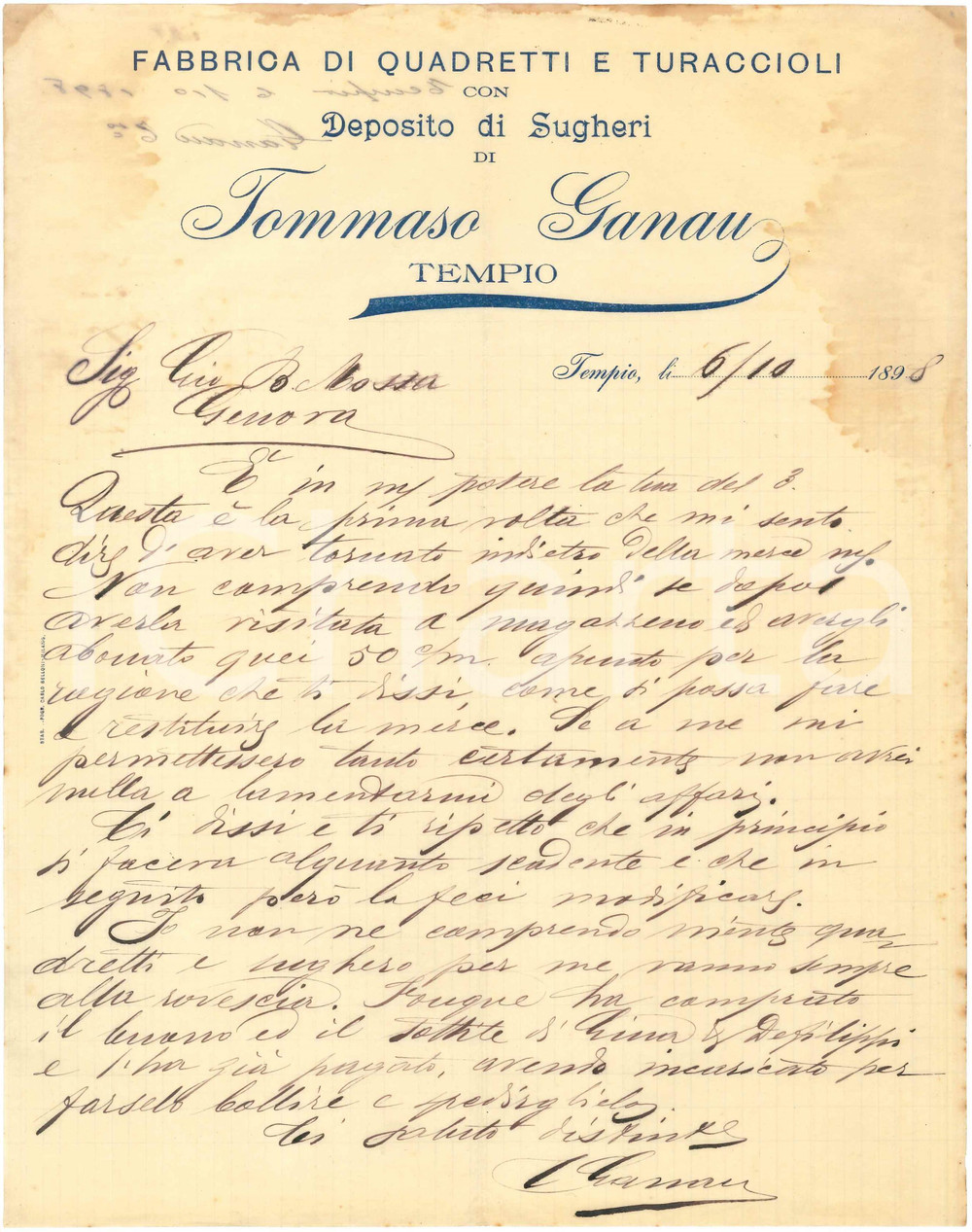 1898 TEMPIO PAUSANIA (SS) - Tommaso GANAU sugheri - Lettera per reso merce