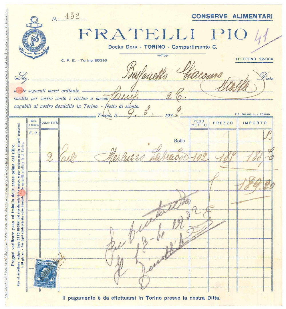 1932 TORINO Docks Dora - Fratelli PIO Conserve alimentari - Fattura per merluzzo
