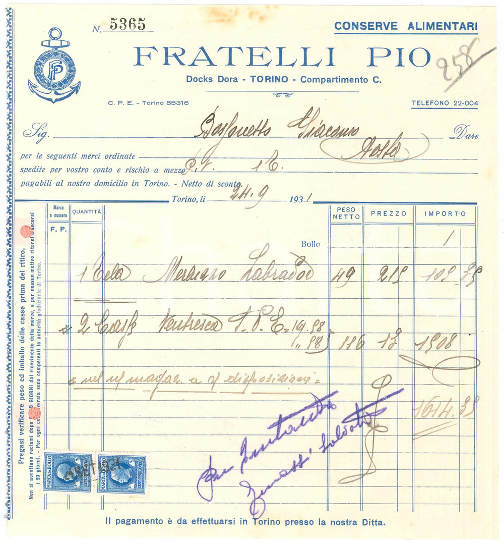 1931 TORINO Docks Dora - Fratelli PIO Conserve alimentari - Fattura (5)