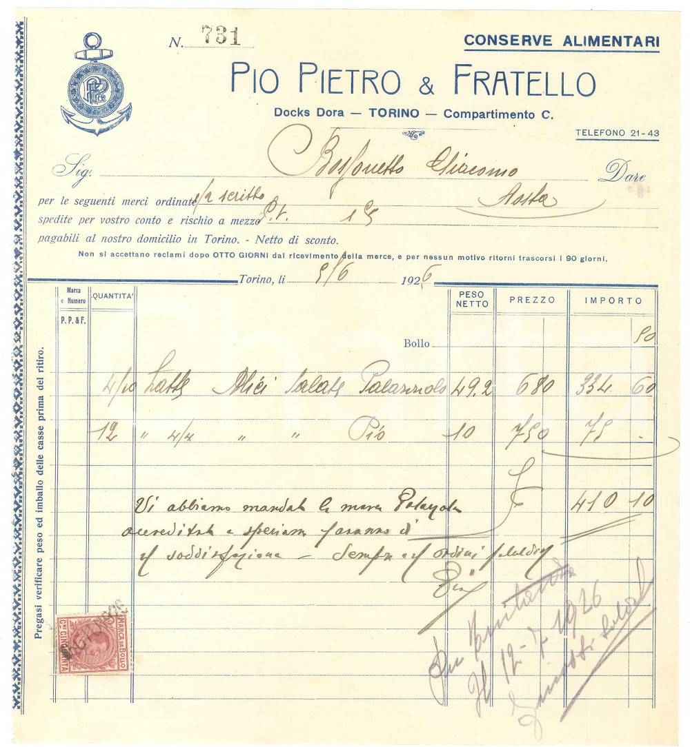1926 TORINO Docks Dora - Pio Pietro & Fratello Conserve alimentari - Fattura (1)