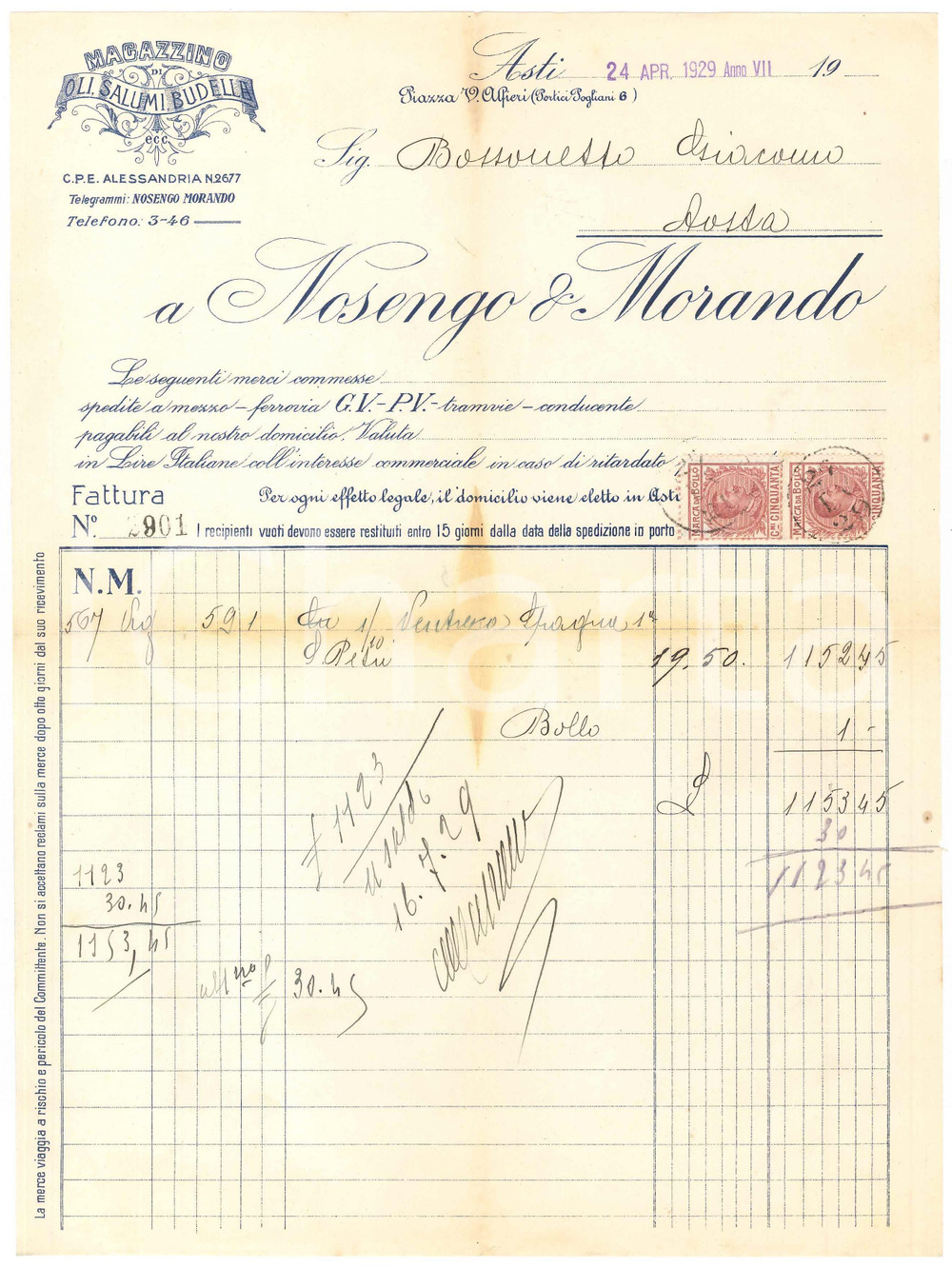 1929 ASTI Piazza V. Alfieri - NOSENGO & MORANDO Oli Salumi Budella - Fattura