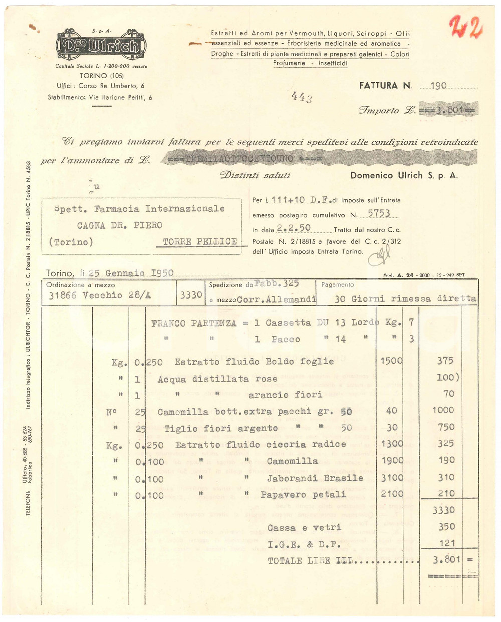 1950 TORINO Corso Re Umberto 6 - Domenico ULRICH Estratti ed Aromi - Fattura
